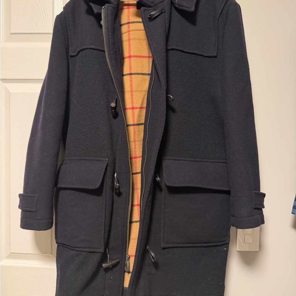 Jos. A. Bank Navy Wool Toggle Pea Coat with Tan Plaid Lining